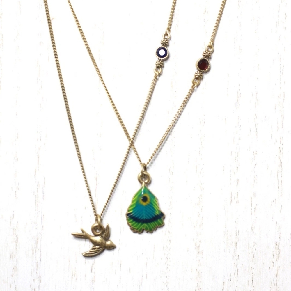 Lucky Brand Gold Tone Bird & Multi Colored Peacock Feather Pendant Necklace Set